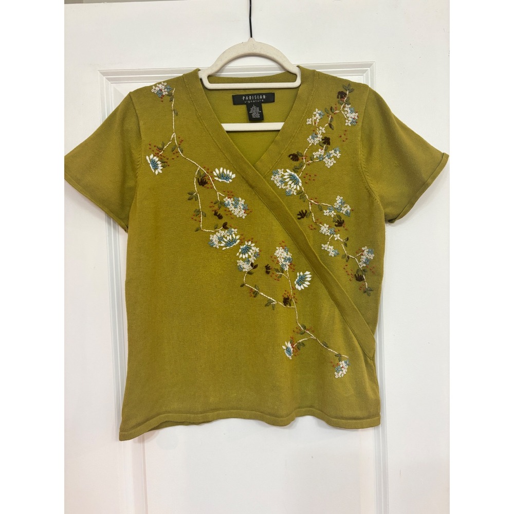 Vintage Parisian Signature Green Floral Embroidered Faux Wrap Knit Sweater Large
